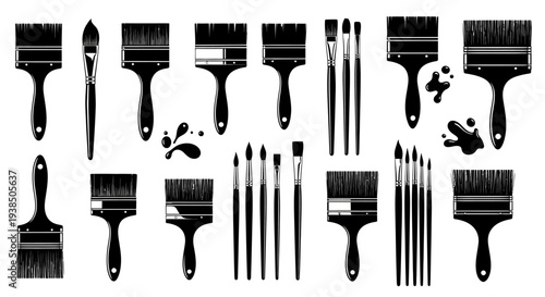 Collection of Black Paint Brushes and Splatters, Isolated on White Background