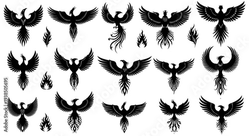 Collection of Black Phoenix Silhouettes with Flames, Mythical Bird Vector Graphics