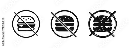 No Fast Food and No Burger Sign Icon Set, Healthy Eating and Diet Restriction Symbols, Prohibited Junk Food Vector
