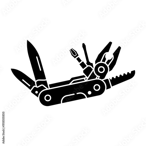 A detailed black silhouette of a multi tool with various implements and functions silhouette
