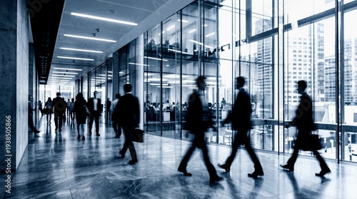 Corporate Executives Moving Dynamically Through Bright Glass Wall Corridor with Blurred Motion and Cool Tones
