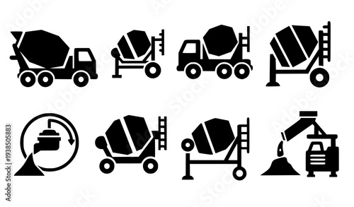 Concrete cement mixer pictogram icons vector construction machinery set
