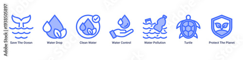 Water Care web banner icon vector illustration with Save The Ocean,Water Drop,Clean Water,Water Control,Water Pollution,Turtle,and Protect The Planet icons for water conservation awareness.