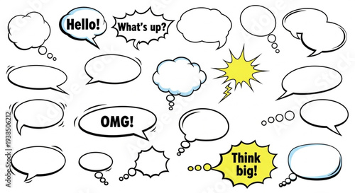 Collection of diverse speech bubbles and thought clouds for communication and ideas.