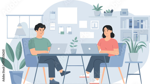 Two people working on laptops in a bright and modern office space