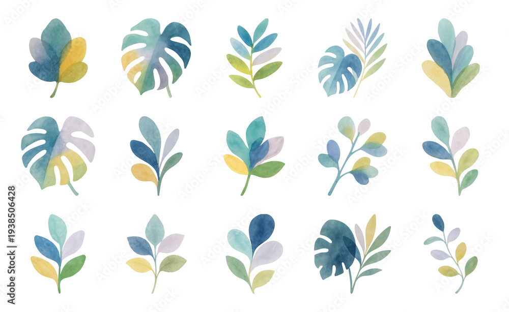 Obraz premium PNG Colorful watercolor tropical leaves, transparent background