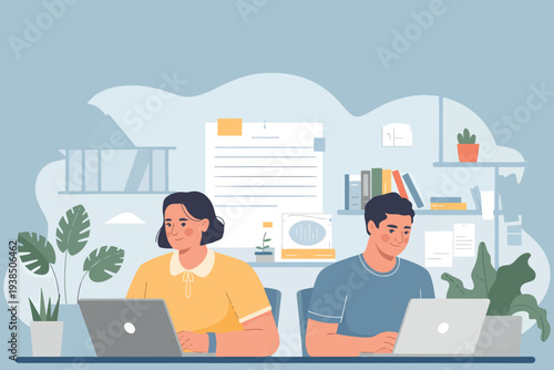 Two people working on laptops at a desk in a modern office space