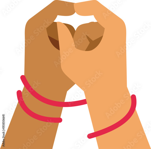 Intertwined hands of different skin tones forming a heart shape, bound by a red rope