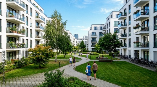 Diverse Urbanites Leisurely Navigating Pedestrian Paths Within Serene Residential Green Space in Crisp Afternoon Sunlight