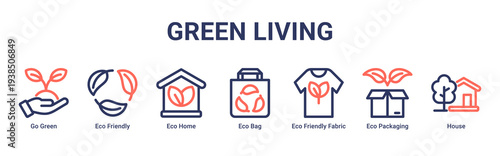Green Living web banner icon vector illustration with Go Green,Eco Friendly,Eco Home,Eco Bag,Eco Friendly Fabric,Eco Packaging,and House icons supporting sustainable lifestyle choices.