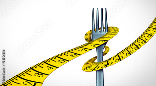 Weight Loss and eating or diet and Obesity Management medication and dieting as a table fork silverware with a measuring tape representing reducing appetite and weight loss program to control what you