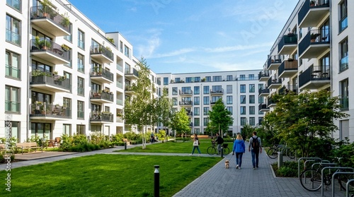 Urban Residents Walking Dog Cycling Through Green Courtyard of Contemporary Apartment Buildings on Sunny Day