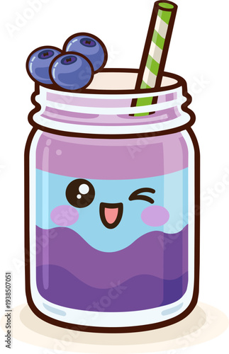 A kawaii-style bilberry smoothie in a jar with a layered purple and blue drink, garnished with fresh blueberries and a striped straw. 