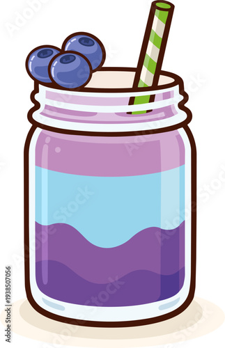 A refreshing bilberry smoothie in a jar, layered with purple and blue liquids and garnished with fresh blueberries and a striped straw. Perfect for beverage branding, smoothie illustrations