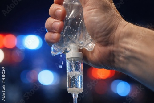 Hand squeezing IV drip bag. Emergency scene with red and blue bokeh lights at night. Atmosphere of urgent medical care. Useful for healthcare, emergency services, and first aid concepts.