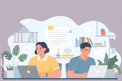 Two people working on laptops at a desk in a modern office space