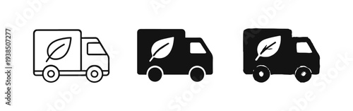 Eco-Friendly Delivery Truck Icons, Green Logistics and Sustainable Transport Vehicle with Leaf Symbol.