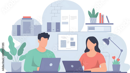 People working collaboratively in a modern office space with plants and books