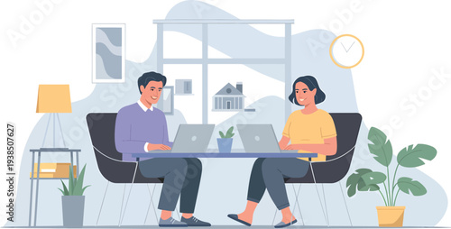 Two colleagues working collaboratively on laptops in a modern office space