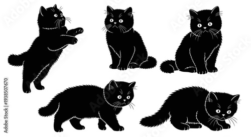 Cute Black Cat Silhouettes in Various Poses: Playful, Sitting, Walking, Curious