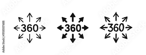 360 Degree View Expansion Arrows Icons, Immersive Virtual Reality Multi-Directional Symbol.