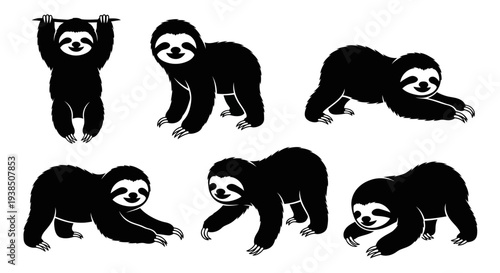 Cute Sloth Poses Collection: Hanging, Walking, Stretching, Crawling - Black Silhouette Vector