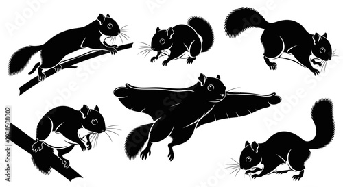 Flying Squirrels Silhouette Collection: Gliding, Climbing, and Resting Poses
