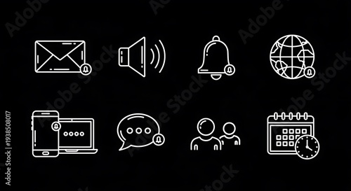 Wallpaper Mural White line icons on black background, showcasing communication, social, and time elements Torontodigital.ca