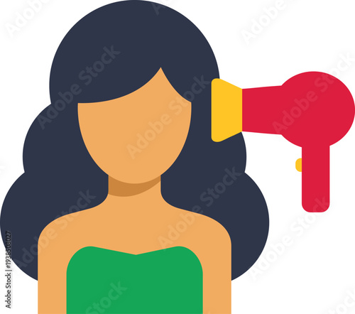 Woman drying her long dark hair using a red hairdryer in a beauty illustration