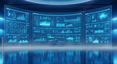 Immersive futuristic command center displays vast amounts of complex blue digital data analytics charts graphs and world maps across a panoramic curved screen array