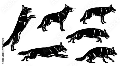 German Shepherd Dog Silhouette Set: Dynamic Poses of a Black Dog in Motion