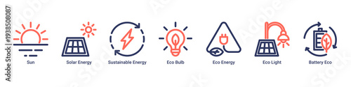 Solar Power web banner icon vector illustration featuring Sun,Solar Energy,Sustainable Energy,Eco Bulb,Eco Energy,Eco Light,and Battery Eco icons promoting renewable electricity solutions.