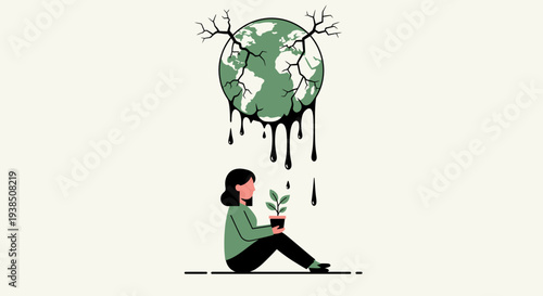 Woman holding a plant with a cracked earth above her.