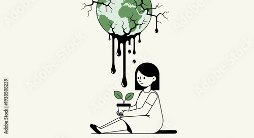 Woman holding a plant with a dying earth above her.