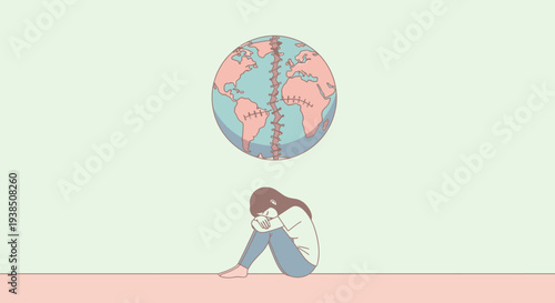 Young woman sitting on the ground with a globe above her head, symbolizing global awareness and concern.