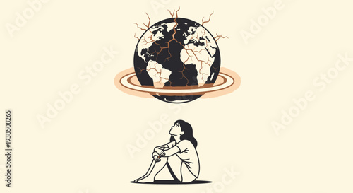 Woman sitting under the Earth with rings, contemplative scene.