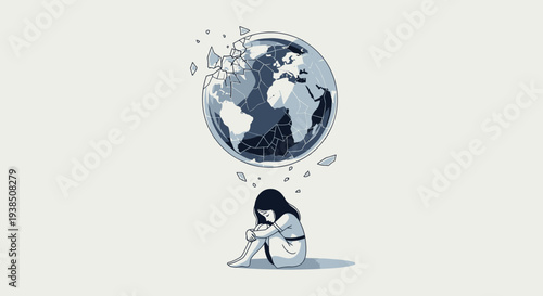 A young girl sitting on the ground with a distressed expression, surrounded by a broken globe above her head.