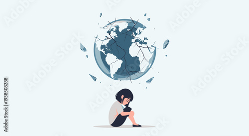 A person sitting on the floor surrounded by a broken globe.