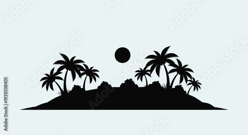Tropical island silhouette with palm trees and full moon.