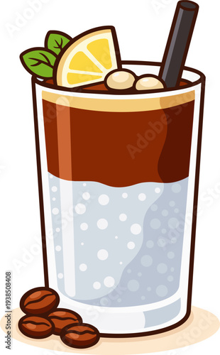 espresso tonic in a glass with a slice of lemon, coffee beans, and a straw. Ideal for coffee branding, trendy drink illustrations, and digital content focused