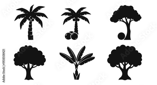 Collection of various tree silhouettes including palm trees and deciduous trees.