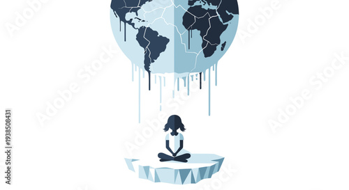 Person meditating on melting iceberg with dripping world map.