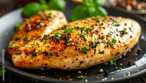 Two roasted chicken breasts, seasoned with pepper and parsley, sit on a black plate with basil as a garnish