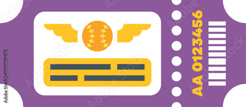 Purple ticket icon with a baseball, wings, and serial number