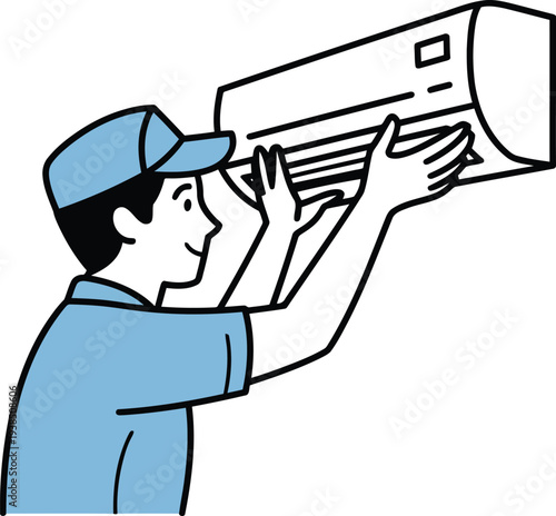 Technician installing air conditioning unit with precision and care