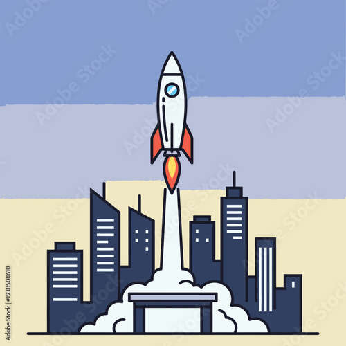 Rocket Launching from City Skyline into the Sky.