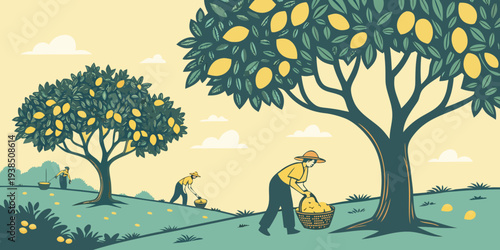 A farmer harvesting crops under the shade of a large tree in a lush green field. Vector