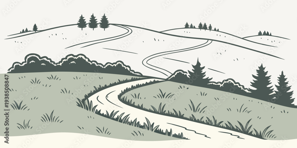 Fototapeta premium A winding path through a serene, forested landscape with a distant mountain view Vector