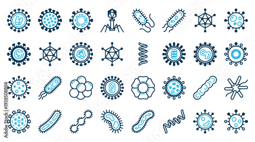 Comprehensive Set of Microbiology Icons Featuring Various Virus and Bacteria Shapes