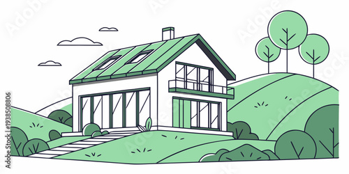 A charming two-story house with a green roof nestled in a serene countryside setting Vector